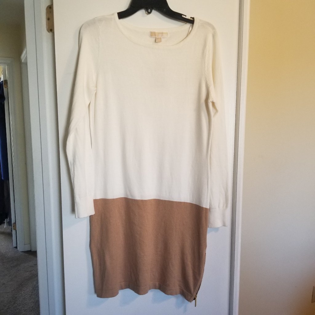 Michael Michael Kors Ivory And Tan Sweater Midi Dress Size M Nwt